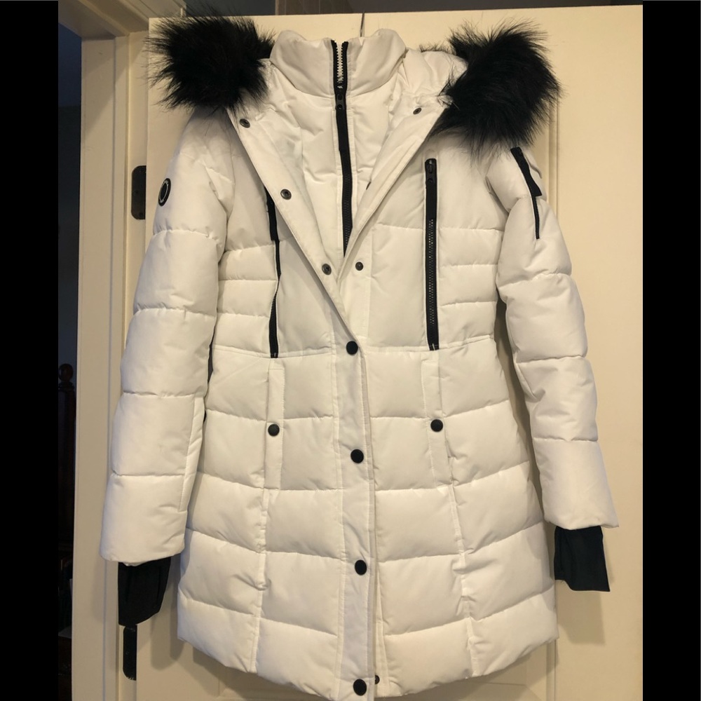 Nautica Hooded White Puffer Coat with faux fur trim and Zip Insert